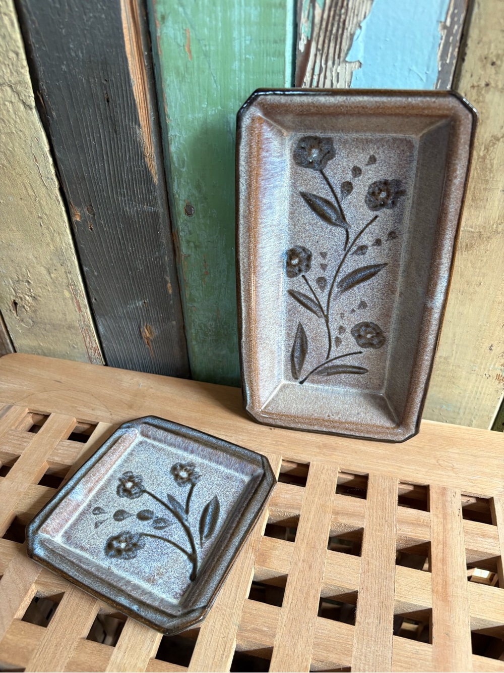 Vintage signed Pottery tray set with wall hanger , jewelry tray , coin catch all